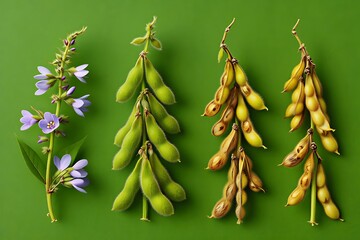 Soybean plant stages with flowers and pods on green background