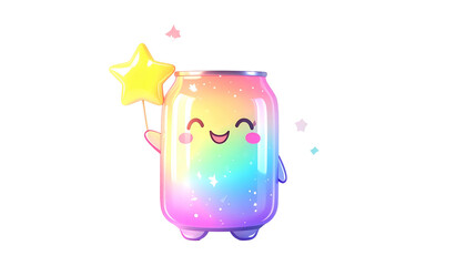 Animated, rainbow-colored can with a smiling face, holding a star wand, on black
