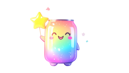 Animated, rainbow-colored can with a smiling face, holding a star wand, on black