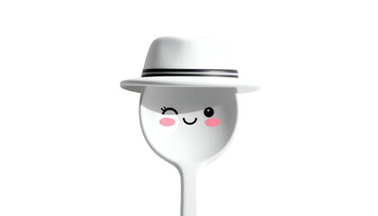 Playful white spoon character winking and wearing a fedora against a stark black backdrop