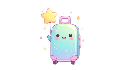 A kawaii suitcase character, sparkly and holding a star-shaped wand