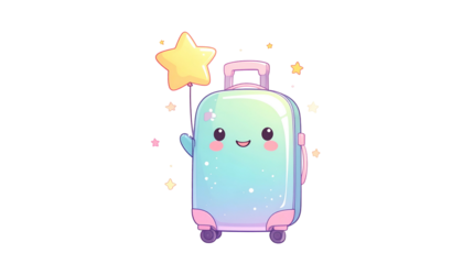 A kawaii suitcase character, sparkly and holding a star-shaped wand