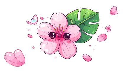 Cute, cartoonish cherry blossom with smiling face, big eyes, and leaf. Petals and butterfly