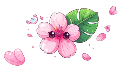 Cute, cartoonish cherry blossom with smiling face, big eyes, and leaf. Petals and butterfly
