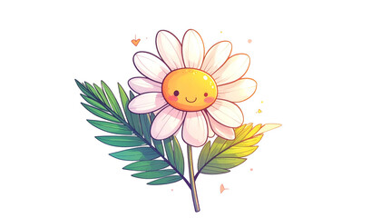 A whimsical daisy with a cheerful face, green leaves, and delicate details on a black background