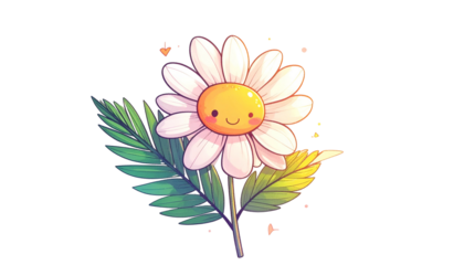 A whimsical daisy with a cheerful face, green leaves, and delicate details on a black background