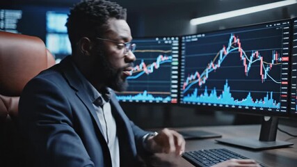 Focused businessman analyzing stock market graphs on multiple computer screens - Powered by Adobe