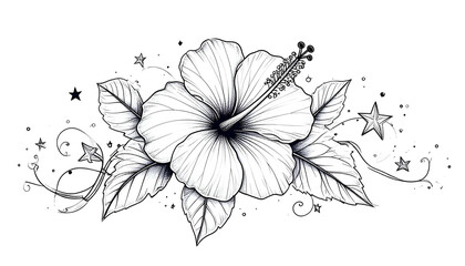 A monochrome Hibiscus flower with leaves, delicate vines, and stars, black background