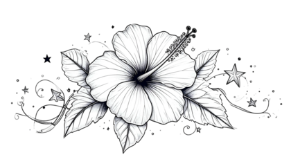 A monochrome Hibiscus flower with leaves, delicate vines, and stars, black background