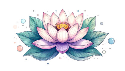A vibrant, detailed illustration of a pink lotus flower with teal leaves and bubbles on black