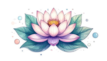 A vibrant, detailed illustration of a pink lotus flower with teal leaves and bubbles on black