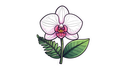 A stylized orchid with pink and white petals, ferns, and green leaves