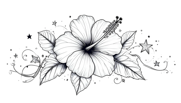 A monochrome Hibiscus flower with leaves, delicate vines, and stars, black background - Powered by Adobe