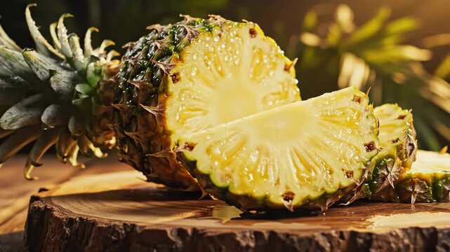 Vibrant fresh pineapple slices arranged on rustic wooden surface showcasing
