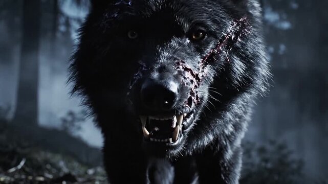 Fierce dark wolf with glowing eyes and battle scars snarls from the shadows of the wilderness, embodying primal aggression and untamed power