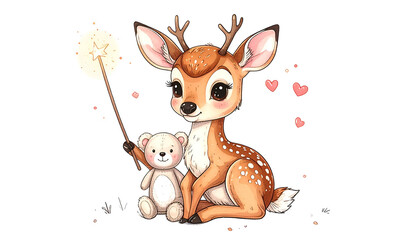 Adorable fawn with a teddy bear, holding a glowing wand, surrounded by hearts