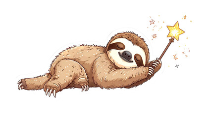A cartoon sloth snoozes, holding a star wand, with sparkling magic