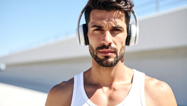 Bearded man with headphones - Powered by Adobe