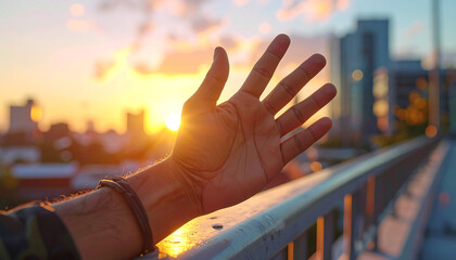 Reaching for the Horizon at Sunset: A lone hand extends towards the radiant sun, bathed in the warm hues of a stunning sunset. The urban skyline offers a striking backdrop.