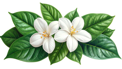 Two pristine white flowers with orange stamen rest atop vibrant green leaves