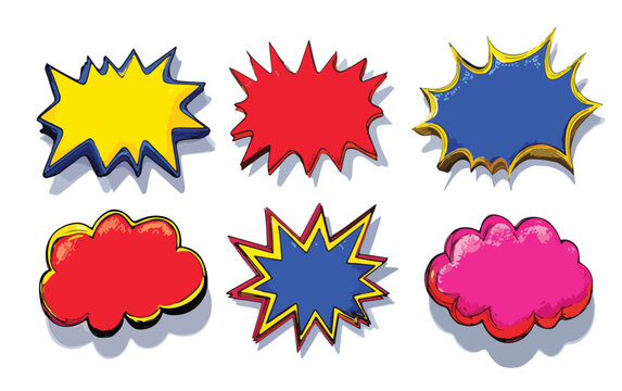 Conjunto de bal&otilde;es de fala e explos&otilde;es coloridas em estilo pop art, com efeito 3D e sombras, ideal para comunica&ccedil;&atilde;o e marketing, fundo transparente.