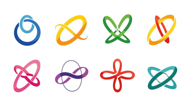 Collection of eight colorful abstract infinity and loop style logos on a white background