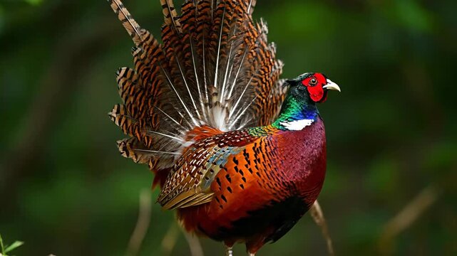 Vibrant male pheasant displaying colorful tail feathers in natural forest environment