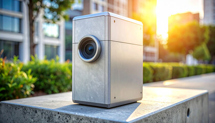 Tech Sentinel: Capturing the urban landscape with precision, a sleek, modern camera stands sentinel. It is mounted on a concrete block, the lens focused on an unseen subject.