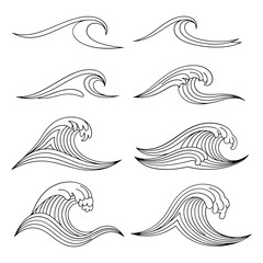 set of japanese style ocean wave line art vector illustration