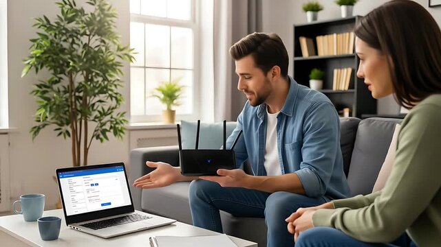 Couple Setting Up Home Internet Router Together