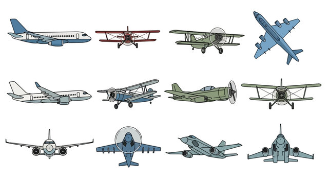 Collection of various airplane illustrations showing different eras and types of aircraft designs