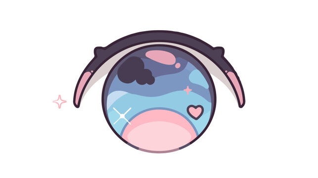 Olho anime expressivo com reflexo de c&eacute;u estrelado e nuvens pastel, em estilo mang&aacute; kawaii, ideal para design gr&aacute;fico com fundo transparente.