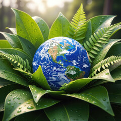 Earth nestled within lush green leaves symbolizing environmental protection and growth 1.