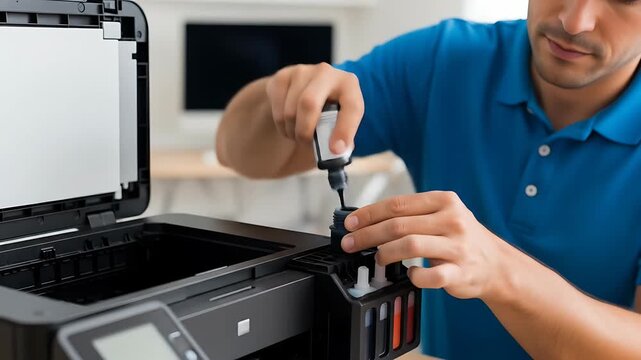 Ink Refill: Man Refilling Printer Cartridge at Home