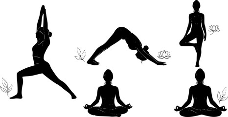 Fototapeta premium Yoga Poses and Meditation Silhouette Collection. Healthy Lifestyle and Mindfulness Zen Exercise. Black Vector Female Silhouettes isolated on White.
