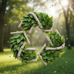 Ecofriendly recycling symbol made of leaves and branches in a forest.