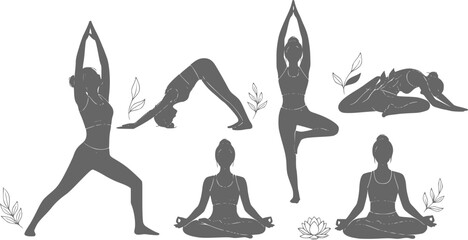 Yoga Poses and Meditation Silhouette Collection. Healthy Lifestyle and Mindfulness Zen Exercise. Black Vector Female Silhouettes isolated on White.