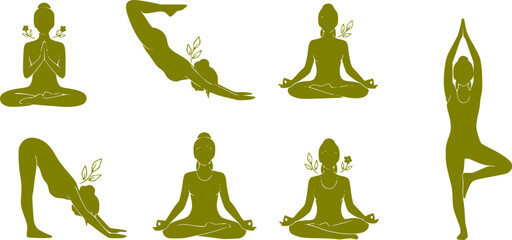 Yoga Poses and Meditation Silhouette Collection. Healthy Lifestyle and Mindfulness Zen Exercise. Black Vector Female Silhouettes isolated on White.
