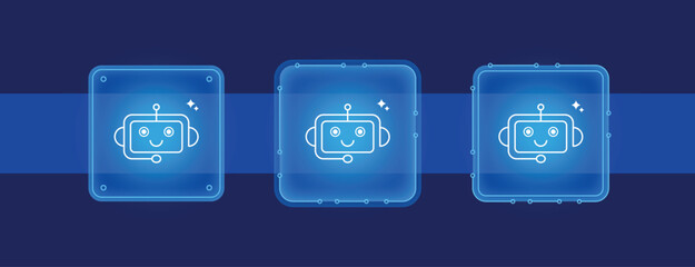 Neon AI bot icons in futuristic glass user interface button element representing technology support, artificial intelligence, assistant, customer service, communication design