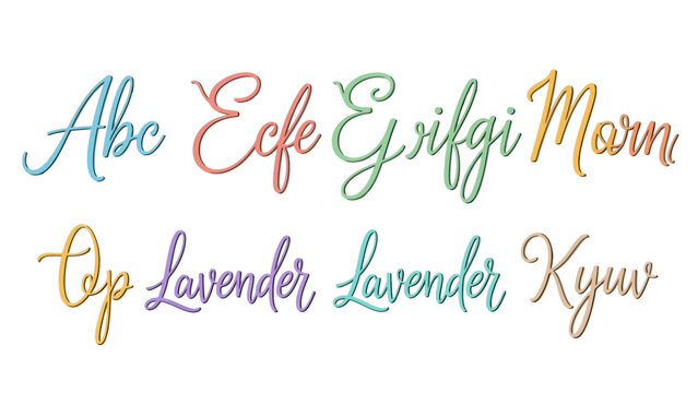 Set of colorful cursive handwritten font samples and phrases displayed in lines