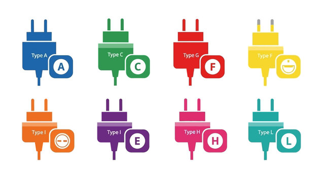 Set of colorful electrical plug types for international travel and adapters displayed visually