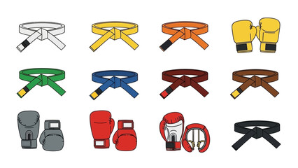 Various Martial Arts Belts and Boxing Gear Collection Illustrating Progression and Training