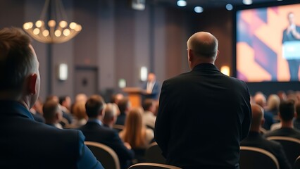 Speaker on stage with an attentive audience member in a blurred conference hall setting.