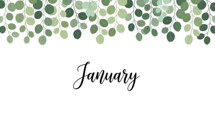 Watercolor greenery border with January calligraphy on white background.