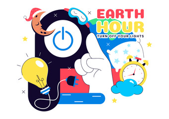 Naklejka premium Happy Earth Hour Day Vector Illustration Featuring Cloud, Light Bulb, World Map, And Turning Off Lights Theme In Flat Cartoon Background