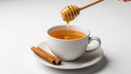 White cup of herbal tea with honey drizzle and cinnamon.