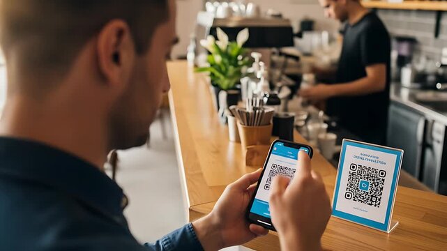 Man scanning QR code with smartphone for contactless payment at a modern cafe counter