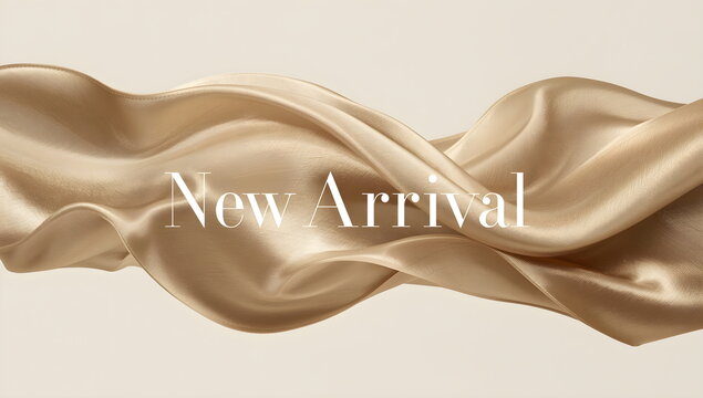 Elegant gold silk fabric background with new arrival text for fashion promotion