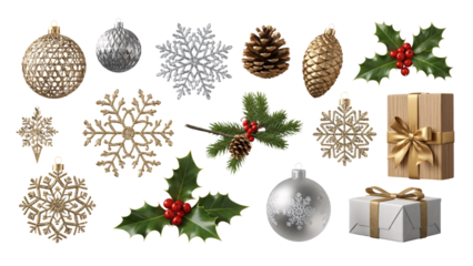 Christmas ornaments and holiday decorations assortment.