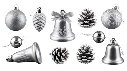 Collection of silver Christmas ornaments and pine cones.